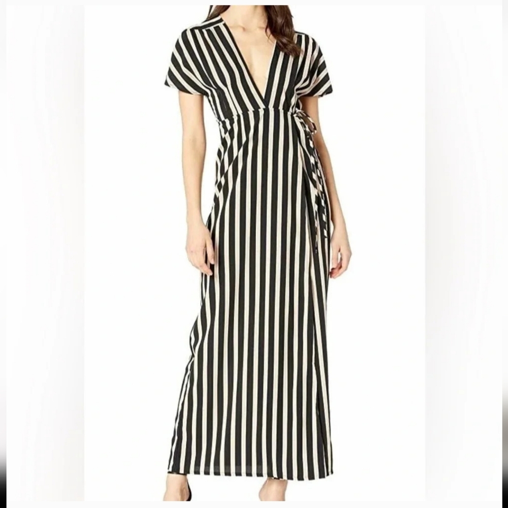 Amuse Society V-Neck To Be Tied True Wrap Dress. Black Tan Stripped. Size S